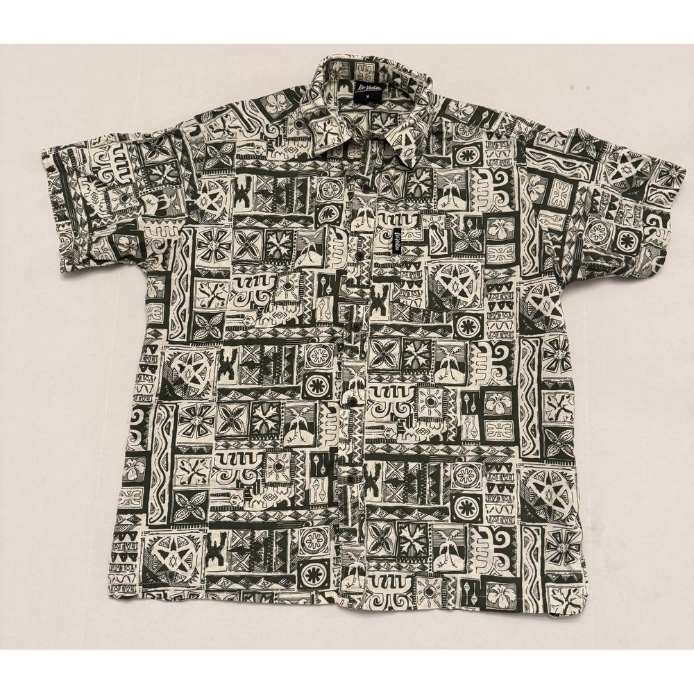 Kai-Veikau Men's Traditional Fiji Print Tiki Shirt Size Medium Green Palm Cotton